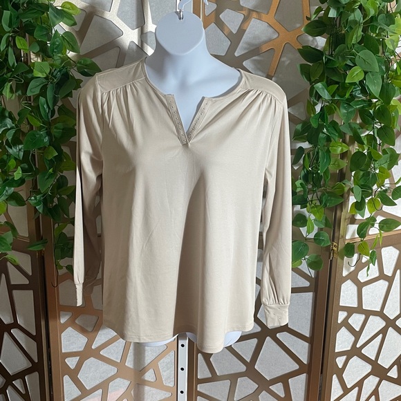 Chico's Tops - Chico's Knit Embellished Top, Light Taupe, XL